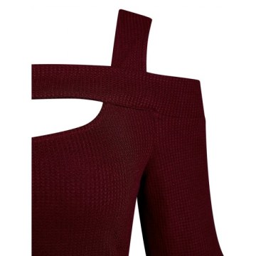 Square Collar Solid Open Shoulder Fit And Flare Dress - Red Wine