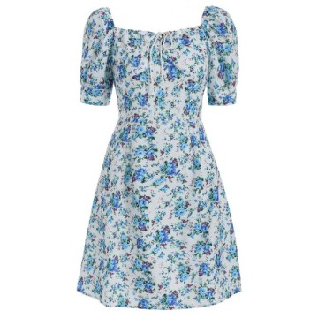 Square Neck Floral Print A Line Dress -