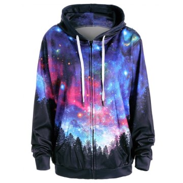 Starry Sky Forest Print Hoodie with Pocket -