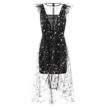 Stars Embroidery Ruffles Trim Lace Overlay Dress - Black