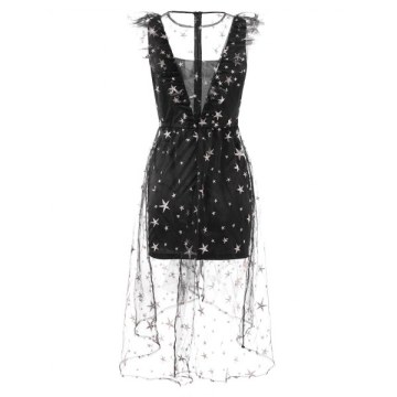 Stars Embroidery Ruffles Trim Lace Overlay Dress - Black