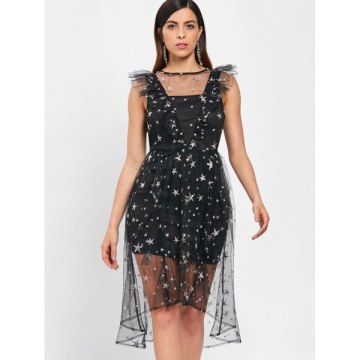 Stars Embroidery Ruffles Trim Lace Overlay Dress - Black