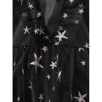 Stars Embroidery Ruffles Trim Lace Overlay Dress - Black