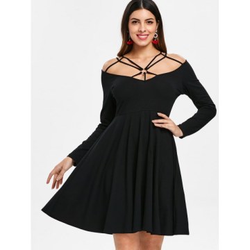 trappy Cut Fit and Flare Dress - Black