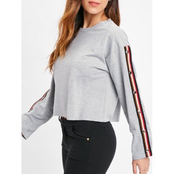 Stripe Brim Long Sleeve Crop Sweatshirt - Light Gray