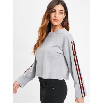 Stripe Brim Long Sleeve Crop Sweatshirt - Light Gray