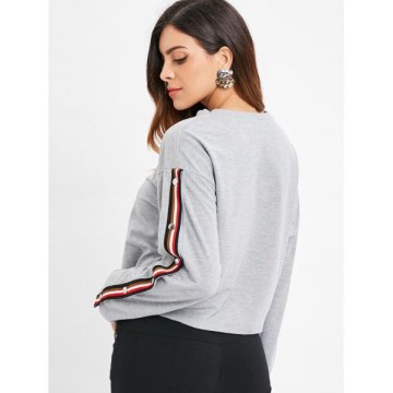 Stripe Brim Long Sleeve Crop Sweatshirt - Light Gray
