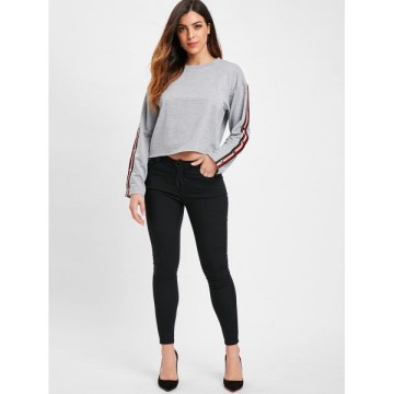 Stripe Brim Long Sleeve Crop Sweatshirt - Light Gray