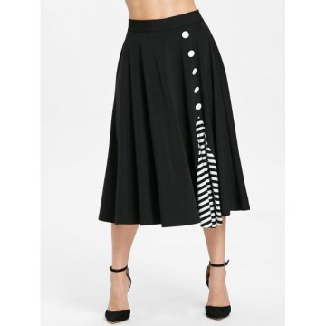 tripe Panel Buttons Embellished A Line kirt - Black