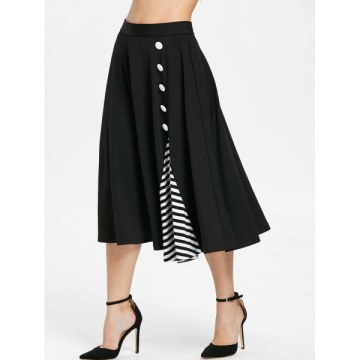 tripe Panel Buttons Embellished A Line kirt - Black