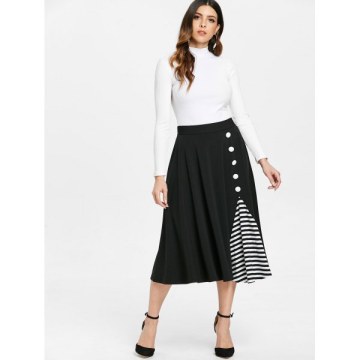 tripe Panel Buttons Embellished A Line kirt - Black