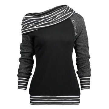 Stripe Trim Skew Neck Raglan Sleeve T-shirt - Black