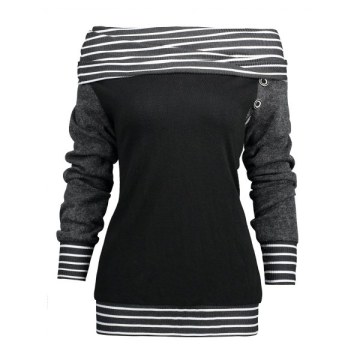 Stripe Trim Skew Neck Raglan Sleeve T-shirt - Black