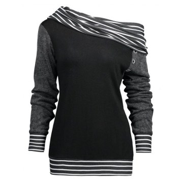 Stripe Trim Skew Neck Raglan Sleeve T-shirt - Black