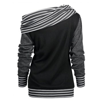 Stripe Trim Skew Neck Raglan Sleeve T-shirt - Black