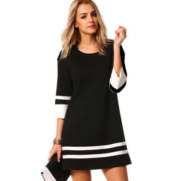 triped Cuff Mini hift Dress - Black