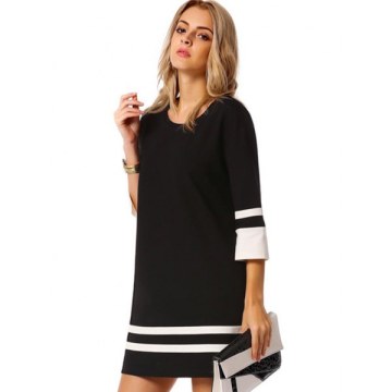 triped Cuff Mini hift Dress - Black