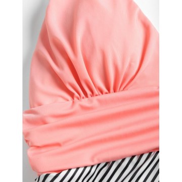 triped Halter Low Back wimsuit - Orange Pink