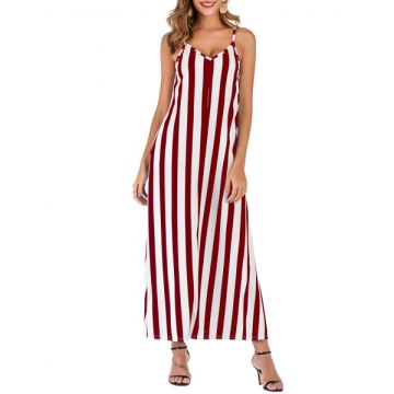 Striped Sleeveless Pocket Casual Dress - Red Wine
