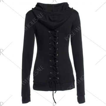 Stylish Black Lace-Up Back Long Sleeves Women's Hoodie - Black