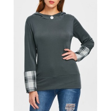 tylish Hooded Long leeve Plaid pliced Women's Hoodie - Deep Gray
