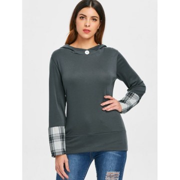tylish Hooded Long leeve Plaid pliced Women's Hoodie - Deep Gray
