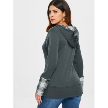 tylish Hooded Long leeve Plaid pliced Women's Hoodie - Deep Gray