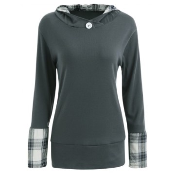 tylish Hooded Long leeve Plaid pliced Women's Hoodie - Deep Gray
