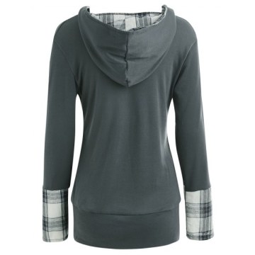 tylish Hooded Long leeve Plaid pliced Women's Hoodie - Deep Gray