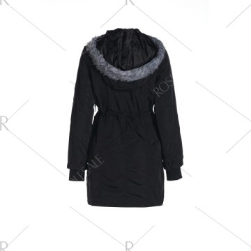 tylish Hooded Long leeve Zippered Faux Fur Embellished Women's Coat - Black