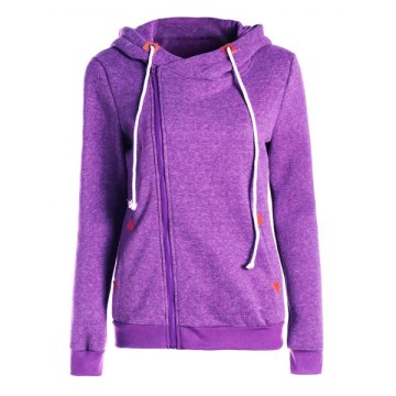 Stylish Hooded Skew Zippered Thick Long Sleeve Hoodie For Women - Purple
