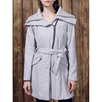 tylish Long leeve Turn-Down Collar pliced Zip Up Women's Belted Coat - Gray