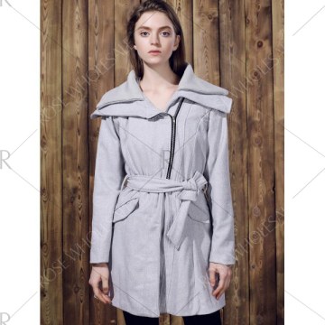 tylish Long leeve Turn-Down Collar pliced Zip Up Women's Belted Coat - Gray
