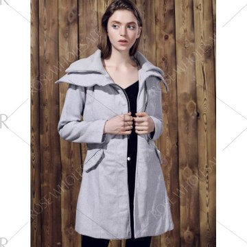 tylish Long leeve Turn-Down Collar pliced Zip Up Women's Belted Coat - Gray