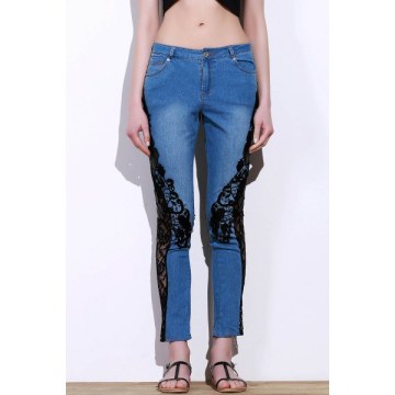Stylish id-Waisted See-Through Lace Embellished Women's Jeans - Blue And Black