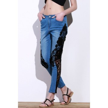 Stylish id-Waisted See-Through Lace Embellished Women's Jeans - Blue And Black