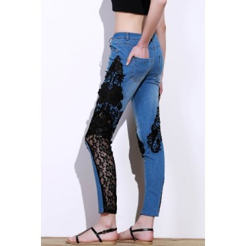 Stylish id-Waisted See-Through Lace Embellished Women's Jeans - Blue And Black
