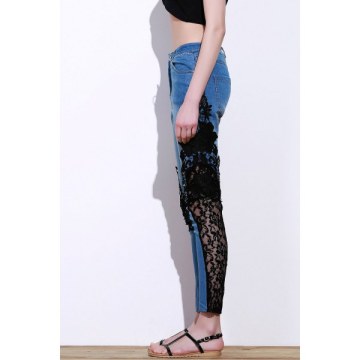 Stylish id-Waisted See-Through Lace Embellished Women's Jeans - Blue And Black