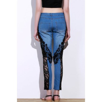 Stylish id-Waisted See-Through Lace Embellished Women's Jeans - Blue And Black