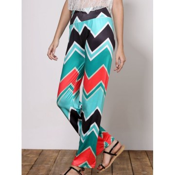 tylish Mid-Waisted Wave Print Loose-Fitting Women's Exumas Pants - Green