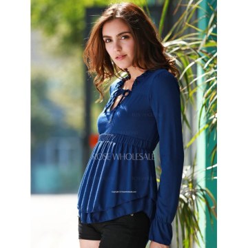 Stylish Plunging Neck Long Flare Sleeve Solid Color Elastic Waist Women's Blouse - Blue