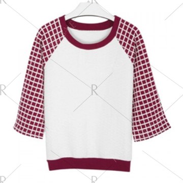 Stylish Round Neck 3/4 Sleeve Plaid Spliced Women's T-Shirt - Deep Red
