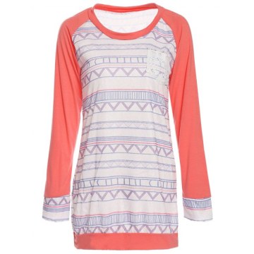 tylish Round Neck Long leeve Printed Pocket Design Women's T-hirt - Pink