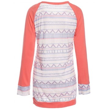 tylish Round Neck Long leeve Printed Pocket Design Women's T-hirt - Pink
