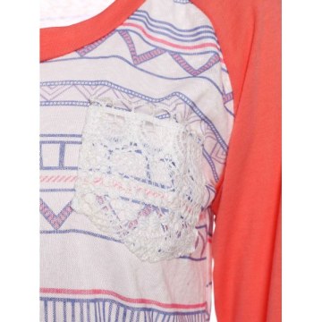 tylish Round Neck Long leeve Printed Pocket Design Women's T-hirt - Pink