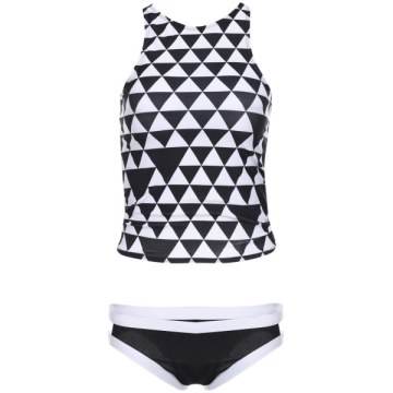 Stylish Round Neck Sleeveless Printed Two-Piece Women's Swimsuit - Black