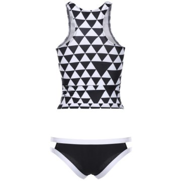 Stylish Round Neck Sleeveless Printed Two-Piece Women's Swimsuit - Black