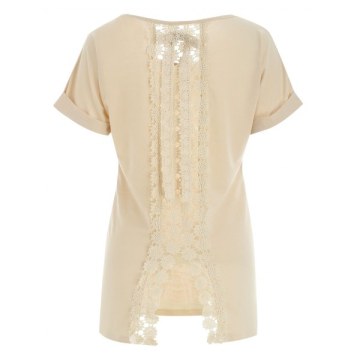tylish hort leeve coop Neck Lace Embellished Women's T-hirt - Khaki