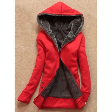 Stylish Women‘s Long Sleeves Solid Color Flocking Hooded Hoodie - Red One