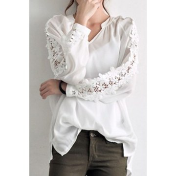 Stylish Women’s V-Neck Long Sleeves Solid Color Lace Splicing Blouse -  One Size(fit Size Xs To